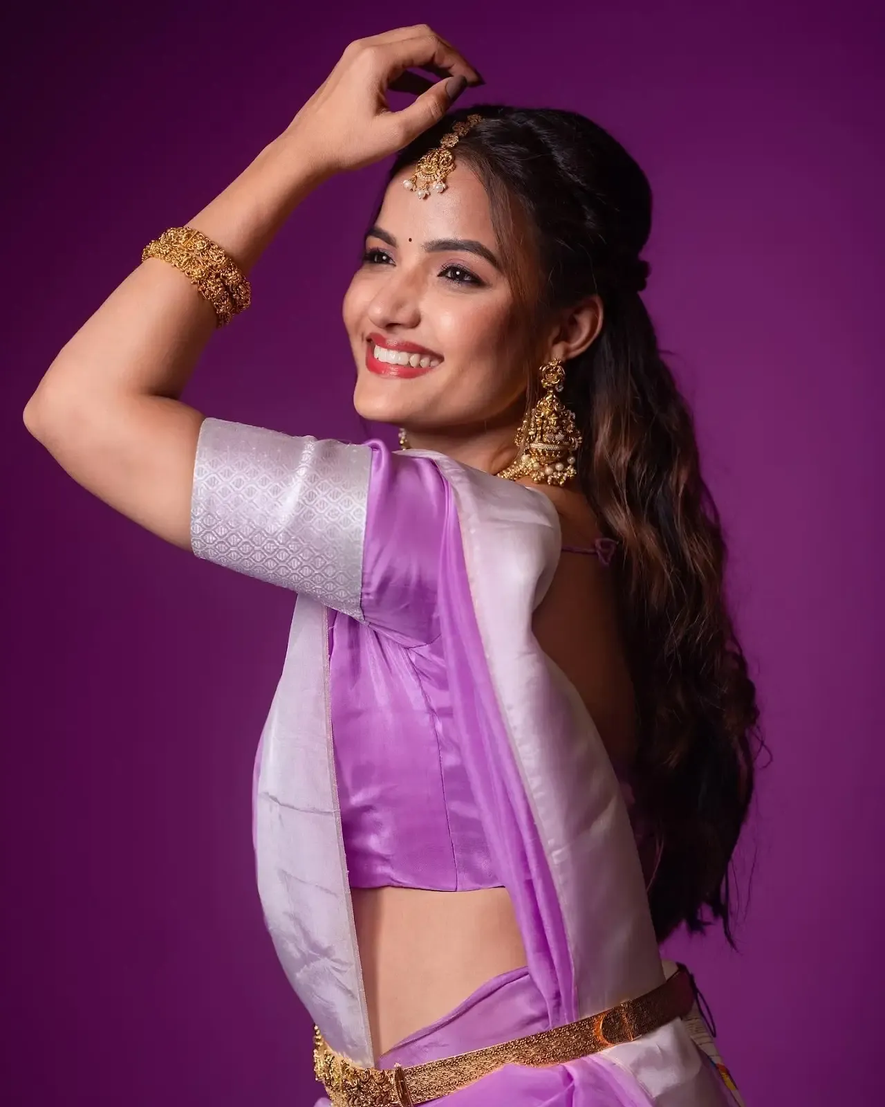 Indian Television Actress Siri Hanumanth in Traditional Violet Saree